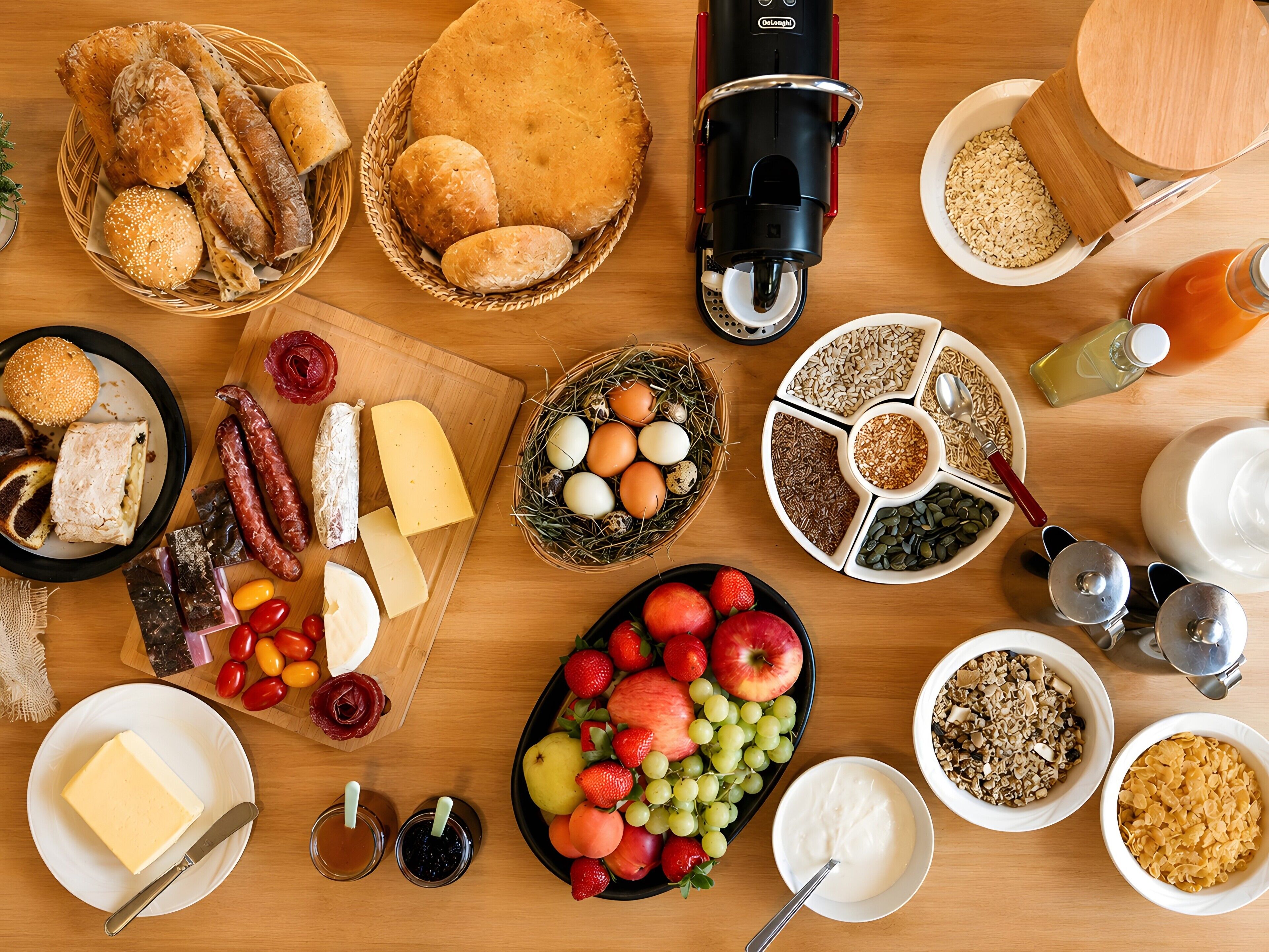 A breakfast table with various food items, including bread, eggs, cheese, fruits, and beverages.