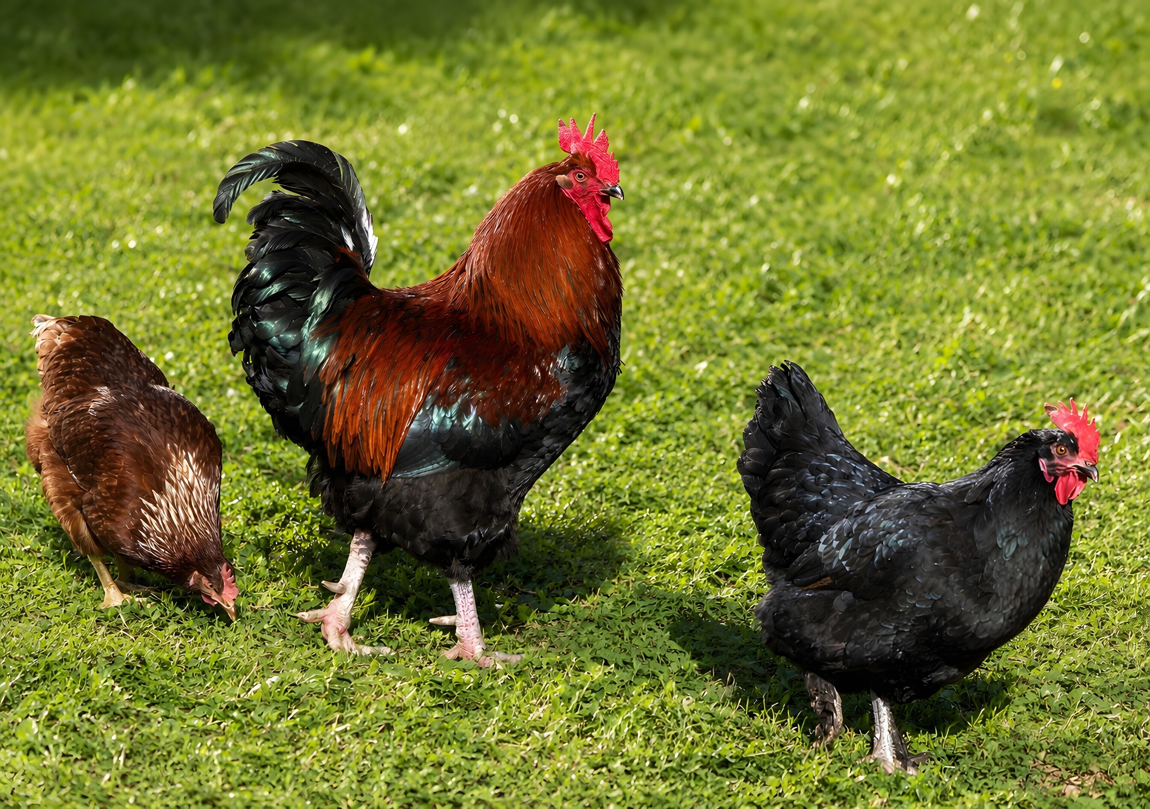 Three chickens on a grassy field.