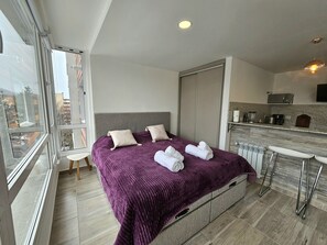 Ein modernes Schlafzimmer mit einem großen Bett, Blick auf die Stadt, einer Küchenzeile und einer Schiebetür.