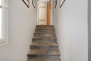 Un escalier avec des marches en bois menant à une porte.