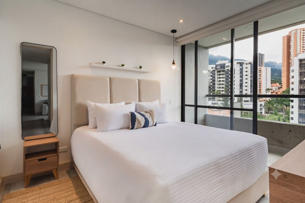 A modern hotel room with a large bed, a bedside table, a mirror, and a view of the cityscape through large windows.