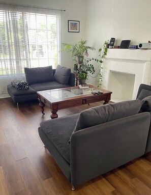 Ein Wohnzimmer mit einer Couch, einem Glastisch, einem Kamin und einem Blumentopf.