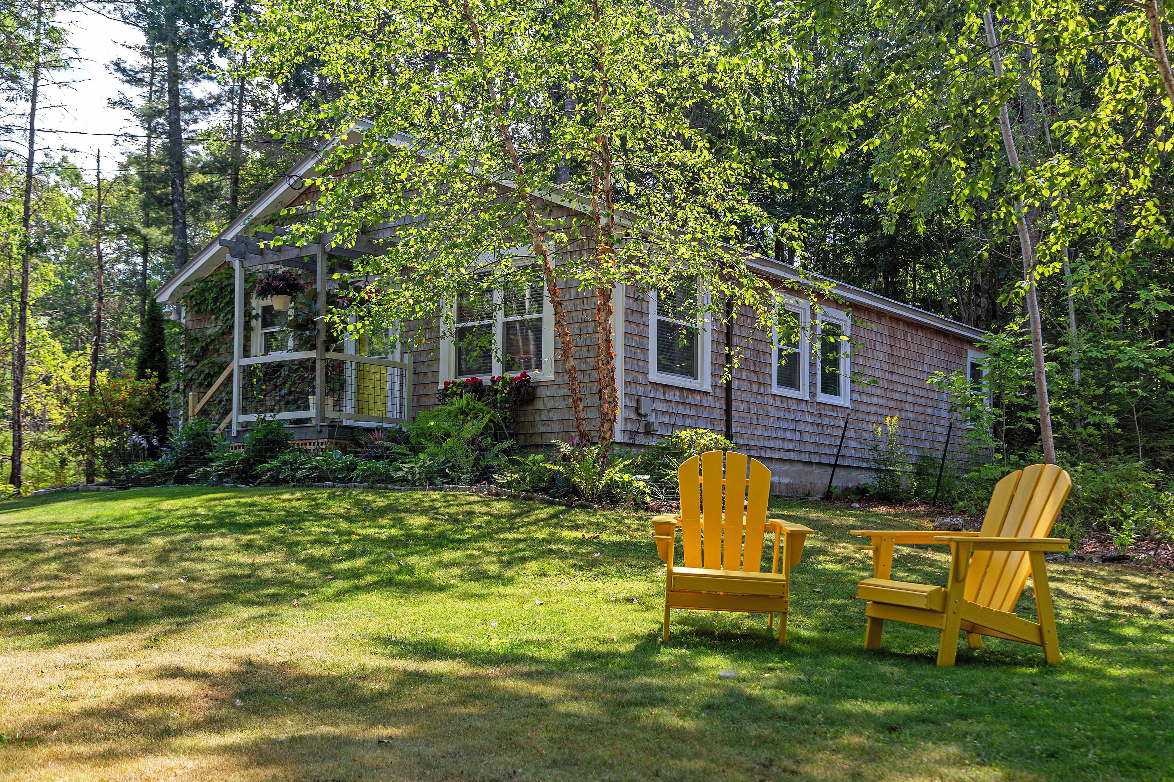 A wooden house with a porch, surrounded by greenery and two yellow chairs.