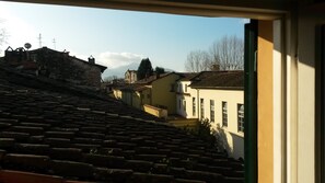A view of a town with terracotta-tiled roofs, traditional buildings, and a mountain in the background. - Lucca: The Provincial Road. Wi-Fi, AC (Lucca)