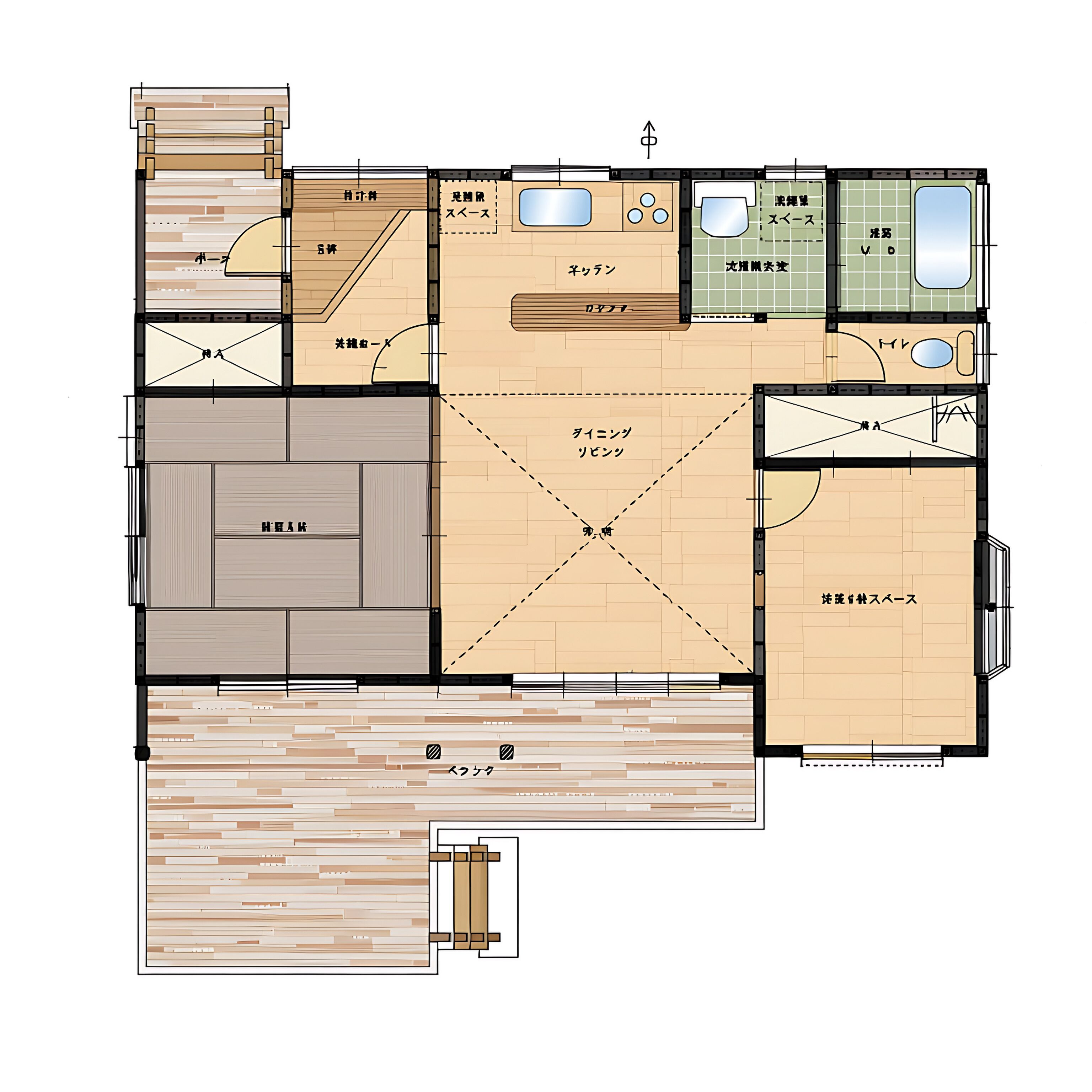 A floor plan of a hotel with a large central living area, a dining area, a kitchen, and a bathroom.