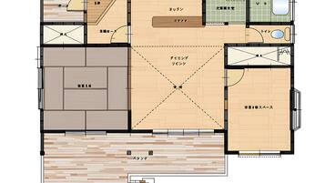 A floor plan of a hotel with a large central living area, a dining area, a kitchen, and a bathroom.