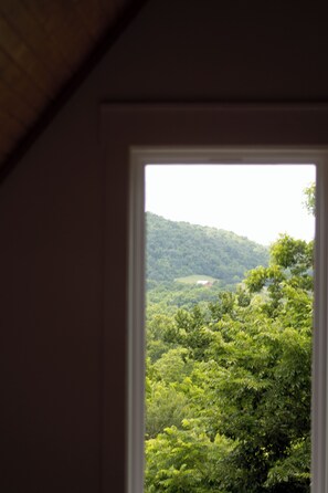 A room with a window overlooking a forested hillside.