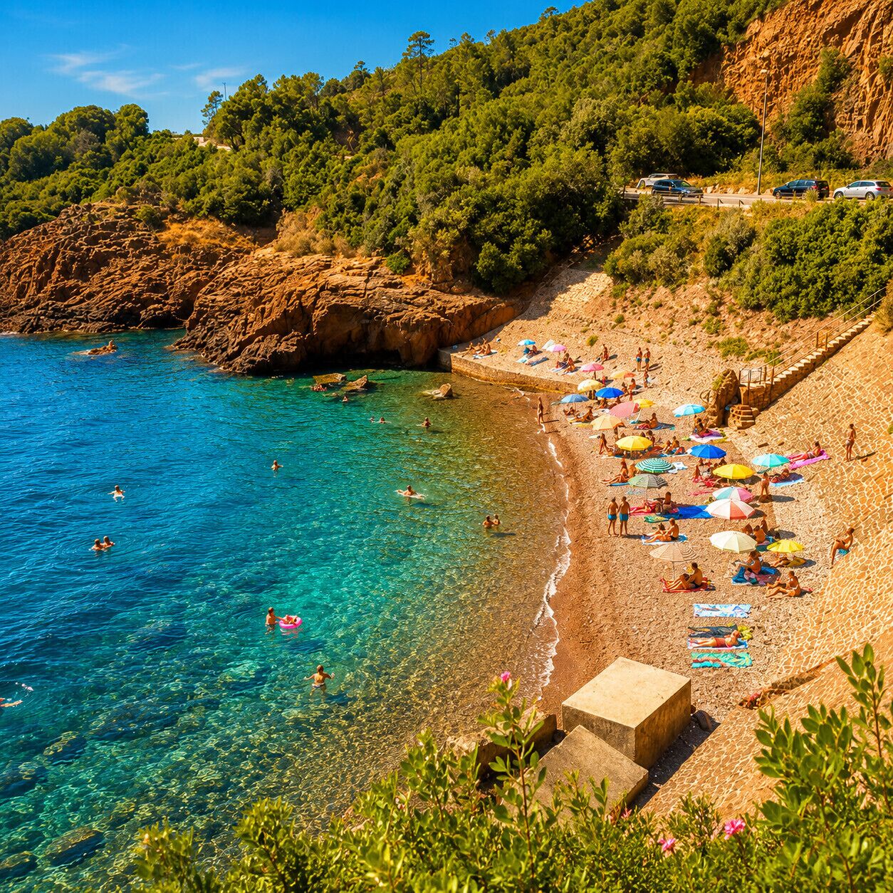 A beach with clear water, people swimming and sunbathing, and a rocky cliff in the background.