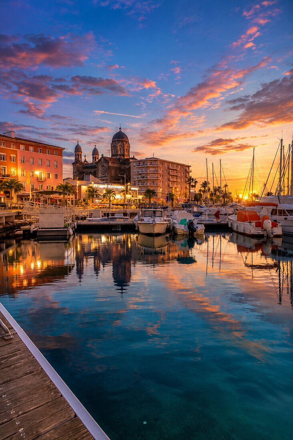 Ein Yachthafen mit vertäuten Booten, ein Gebäude am Wasser und ein Sonnenuntergangshimmel.