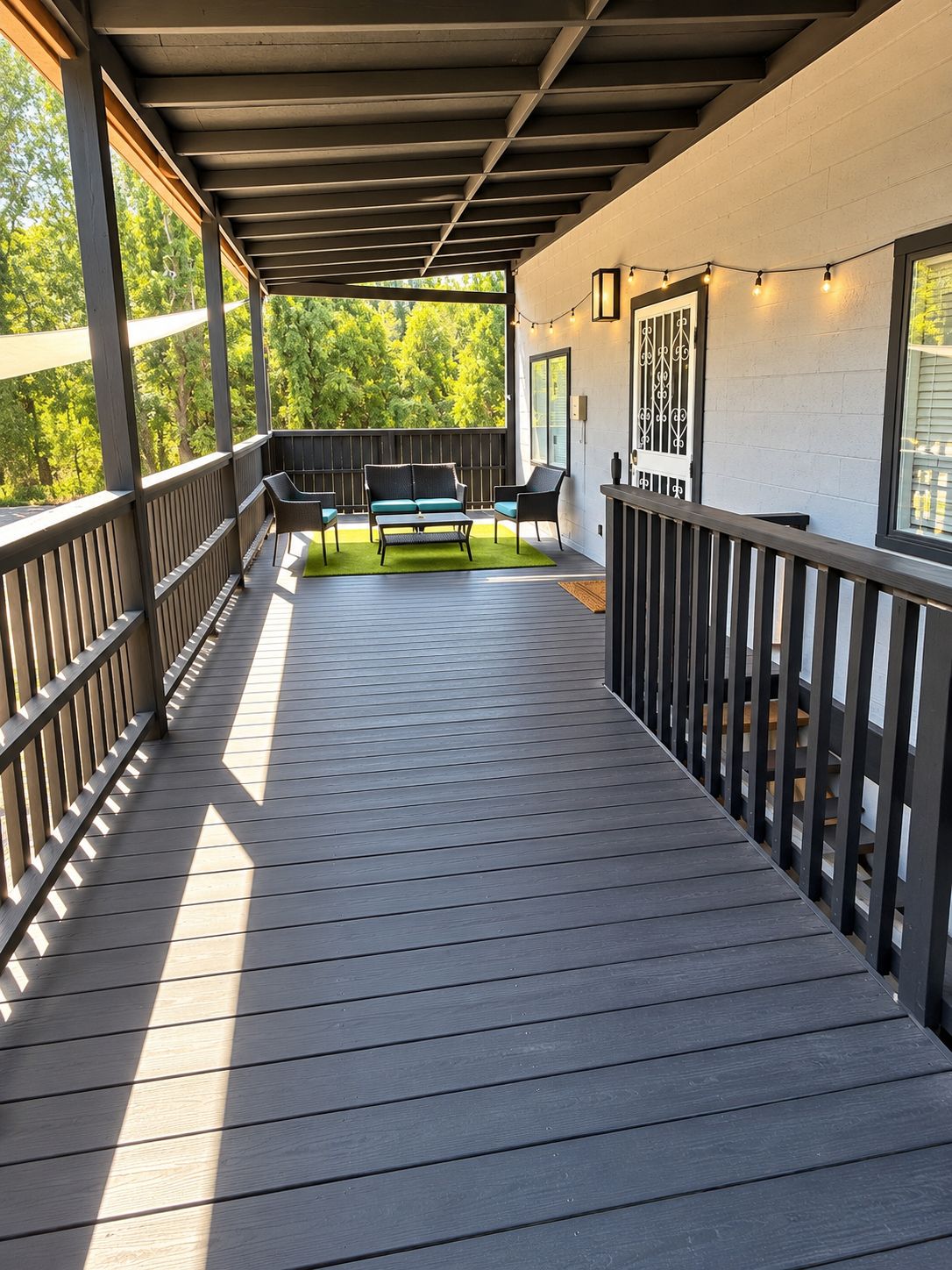 A covered deck with a railing, a sofa, and chairs.