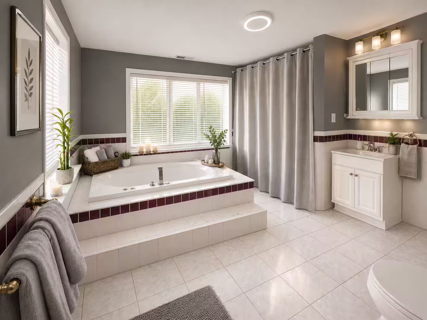 Un baño moderno con una bañera independiente, un tocador con espejo y una ventana con persianas.
