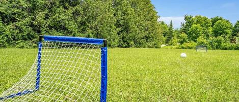 A soccer goal in a grassy field with trees in the background.