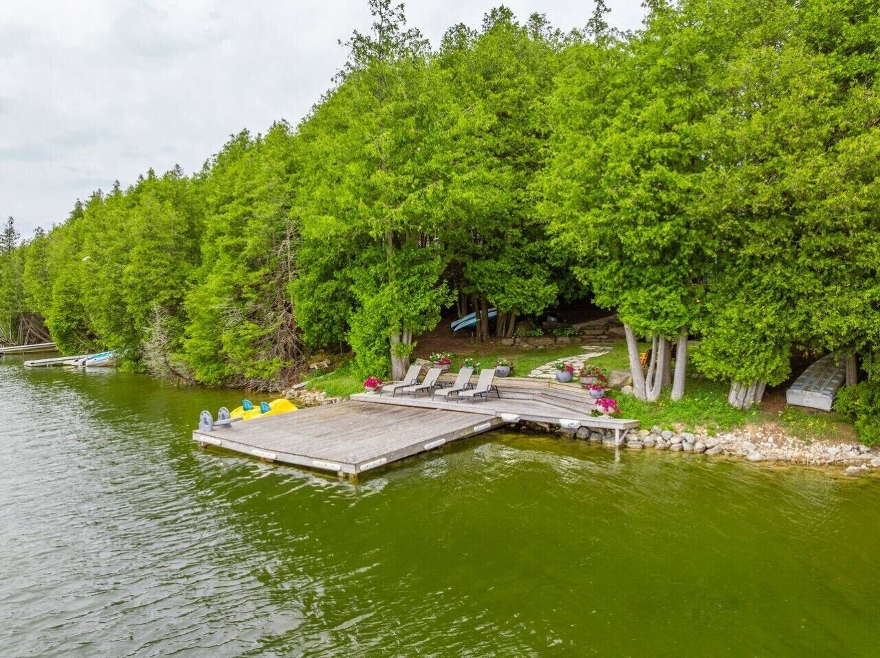 A dock extending into a body of water, surrounded by dense green foliage.