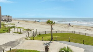 A beach with a fenced area, a palm tree, and a building in the background. - Close to the Sand w/ Showstopping Views & Wonderful Amenities - Dog Friendly! (Galveston)