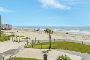 A beach with a fenced area, a palm tree, and a building in the background. - Close to the Sand w/ Showstopping Views & Wonderful Amenities - Dog Friendly! (Galveston)