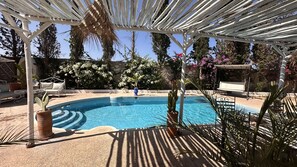 Ein Schwimmbecken mit einer Pergola darüber, umgeben von Kübelpflanzen und einer Steinmauer.