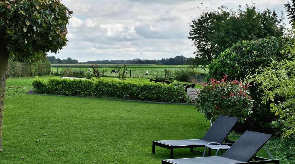 A well-maintained lawn with two lounge chairs, a hedge, and a view of a field and trees in the distance.