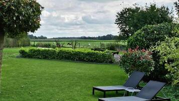 A well-maintained lawn with two lounge chairs, a hedge, and a view of a field and trees in the distance.
