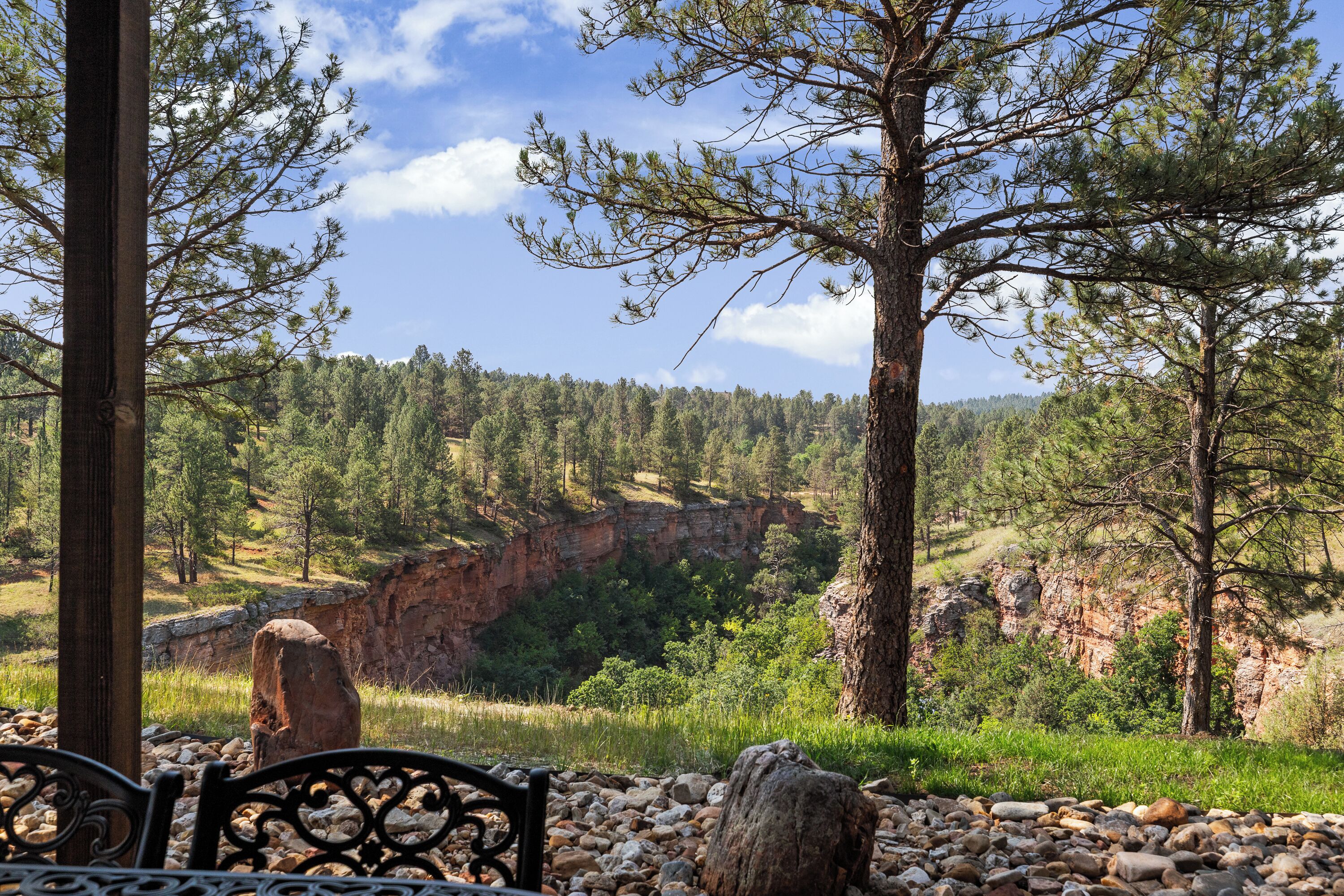 A natural landscape with a rocky cliff, trees, and a bench.