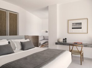 A modern bedroom with a large bed, a desk, and a chair. - Villa Elythiona, Divine Sea Views, Private Pool, Furnished Terrace, Sanrotini (Oia, Santorini)