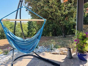 Una poltrona amaca sospesa da pali metallici, una pianta in vaso con fiori viola e un annaffiatoio metallico su un patio.