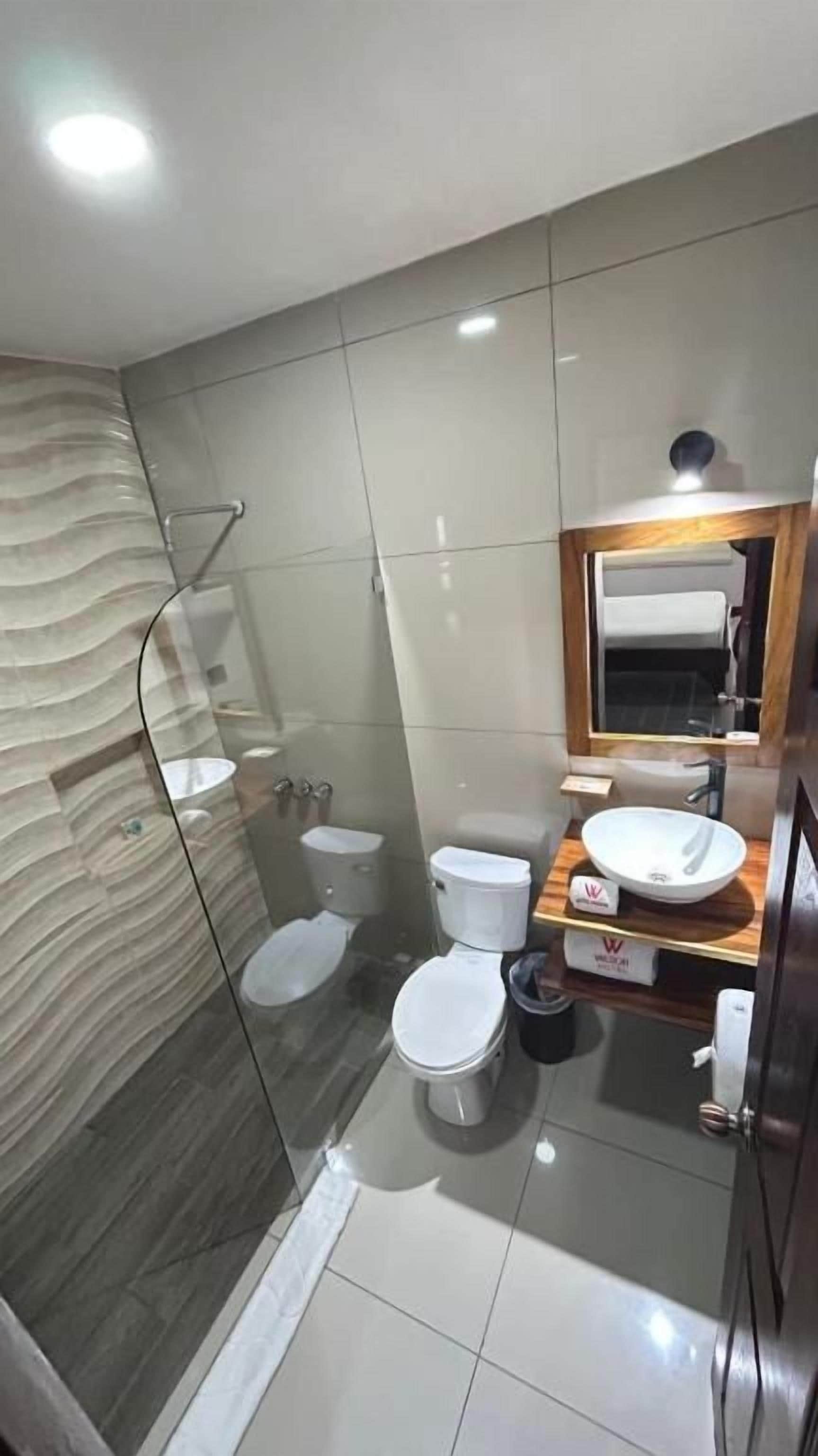 A modern bathroom with a glass shower enclosure, two toilets, a sink, and a mirror.