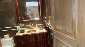 Bañera de hidromasaje, secador de pelo, toallas y papel higiénico