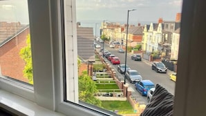 A window with a view of a residential street.