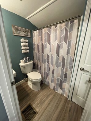 Secadora de cabello, toallas, jabón, papel de baño 
