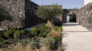 A courtyard with stone walls, a central pathway, and a variety of plants. - Elyrion Suite, Divine Sea Views, Private Pool, Furnished Terrace, Sanrotini (Oia, Santorini)