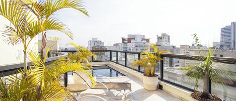 A rooftop terrace with a swimming pool, lounge chairs, and potted plants.