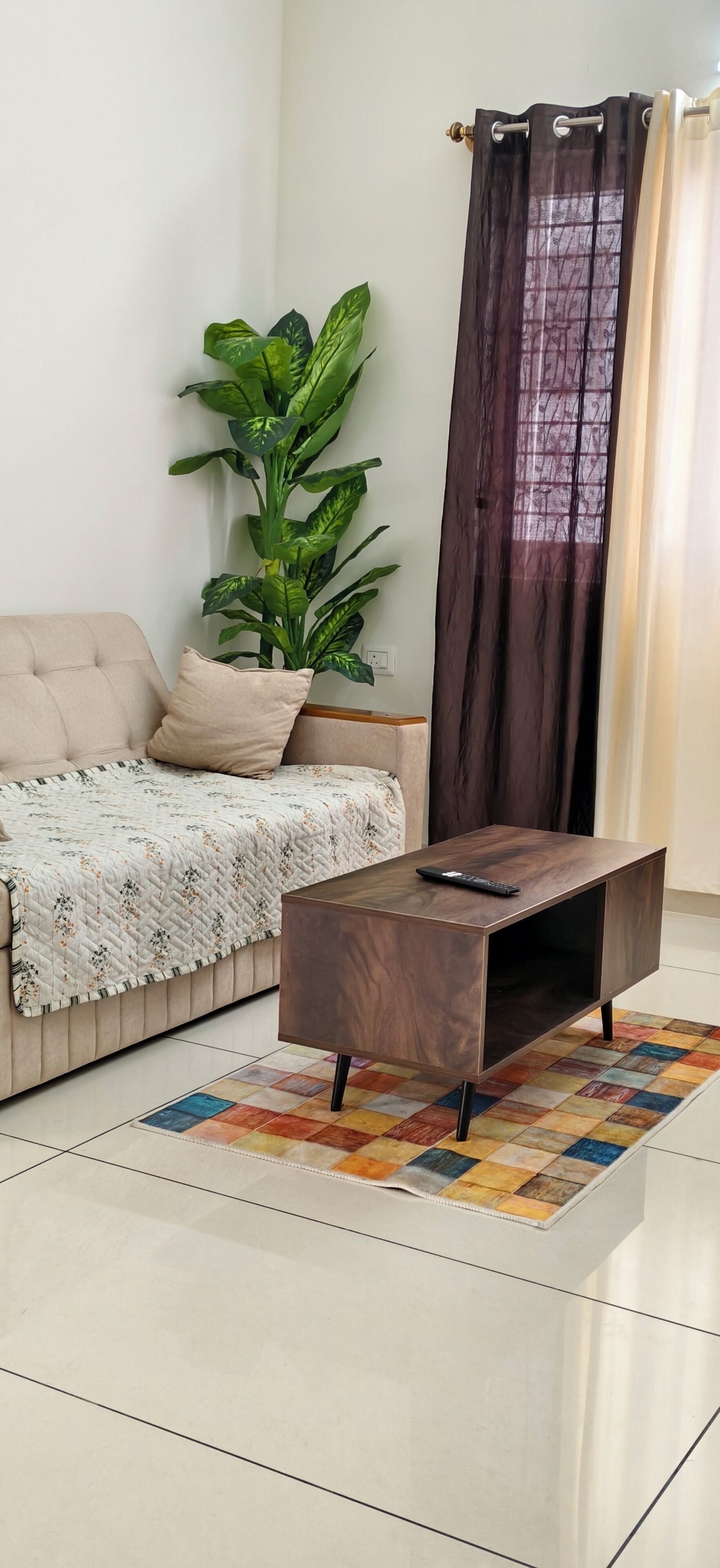 A living room with a sofa, a coffee table, a potted plant, and a curtain.