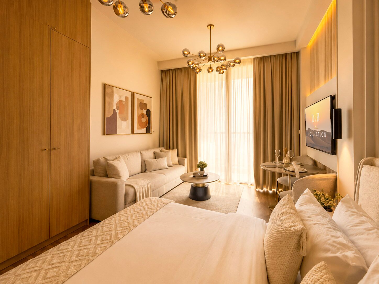 A hotel room with a large bed, a sofa, a dining table, a TV, and a wardrobe.