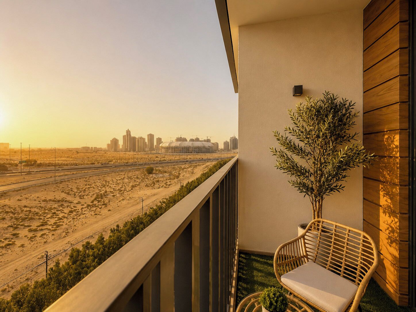 Un balcon offrant une vue sur un paysage désertique et sur les bâtiments de la ville, une chaise en osier et une petite plante en pot.
