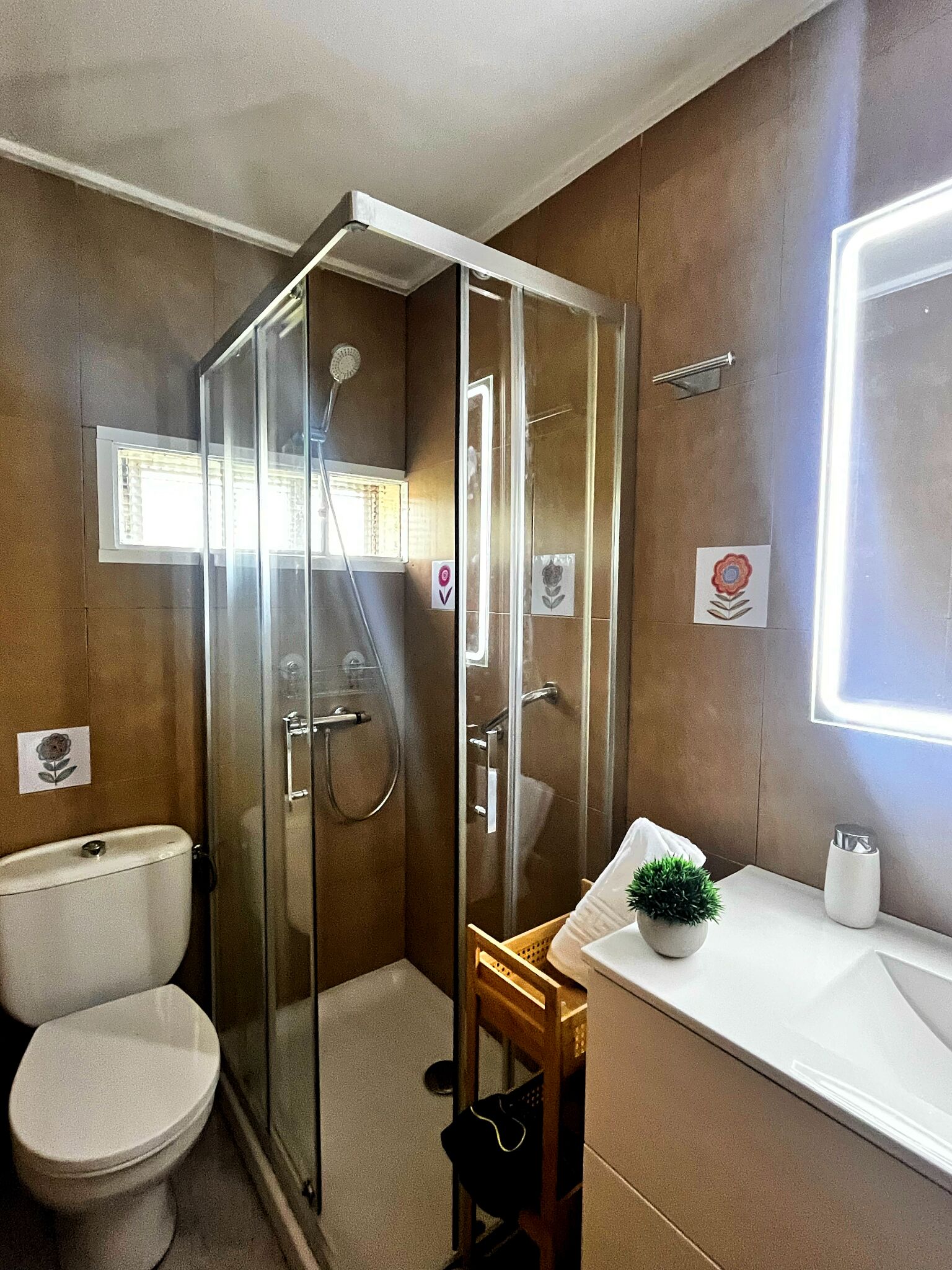 A modern bathroom with a glass-enclosed shower, a toilet, and a sink with a small plant.