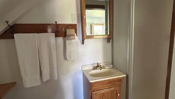 A bathroom with a toilet, sink, mirror, and shower.