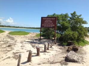 Een strand met een bord, houten palen, een heldere lucht en een wateroppervlak.