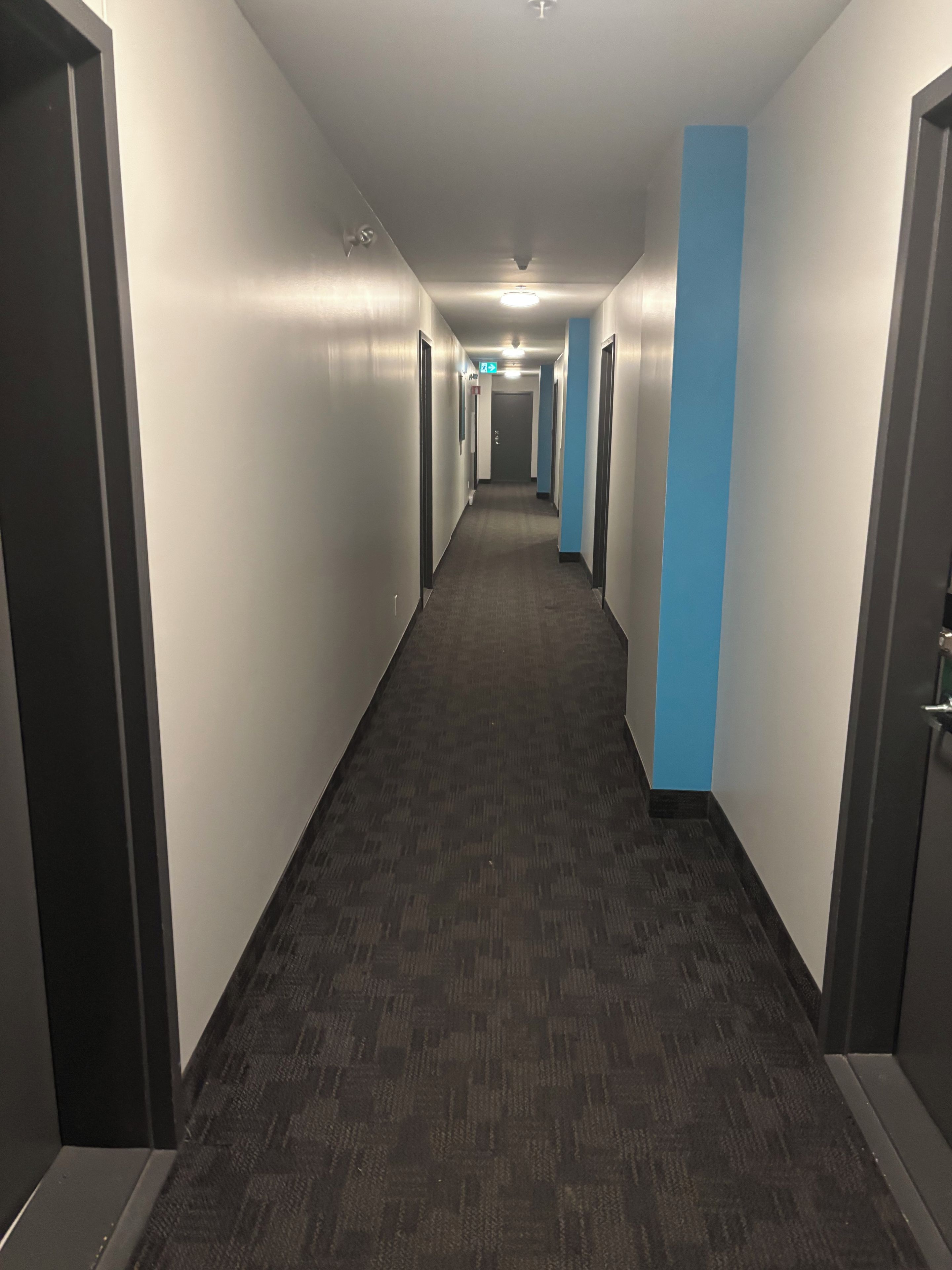 A corridor with doors on both sides, a carpeted floor, and a ceiling light.