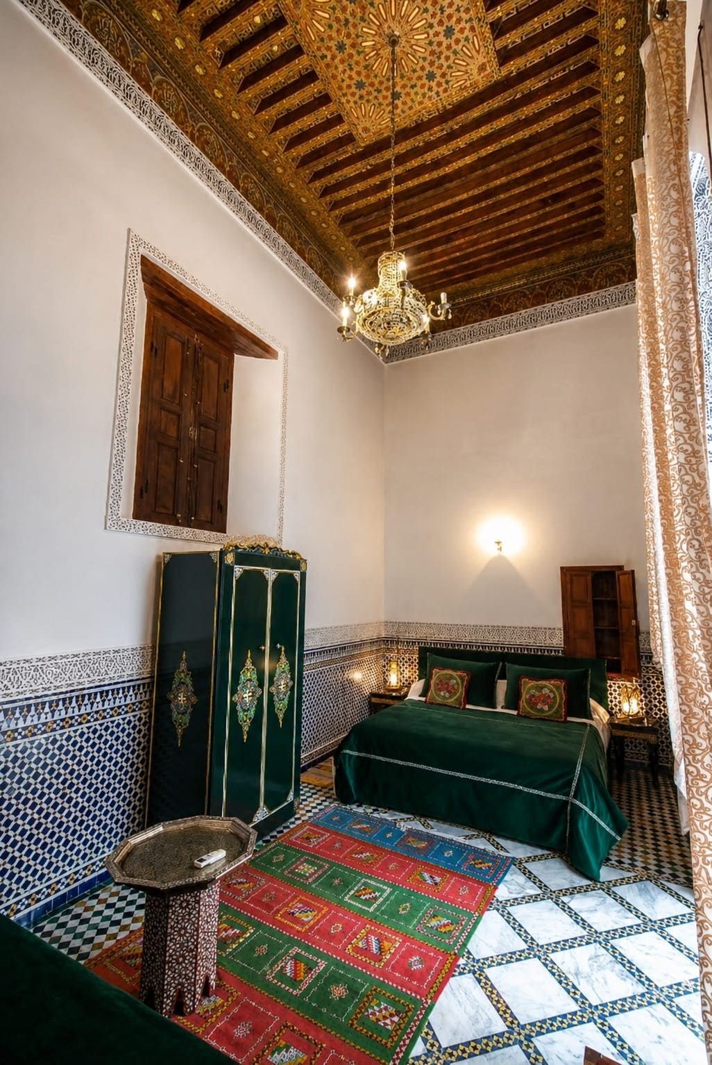 A room with a patterned floor, a bed with green bedding, a wooden wardrobe, and a chandelier.