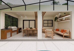 Un intérieur moderne comprenant une cuisine, un coin repas et un espace de vie.