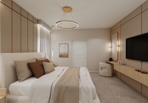 Une chambre à coucher moderne avec un lit, une table de chevet, une télévision et un miroir.