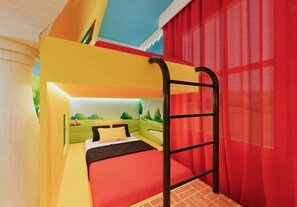 A bunk bed with a ladder, a red curtain, and a mural of a landscape on the wall. - 10 BD/ 8 BA/ Windsor Cay (15866 CK) (Clermont)