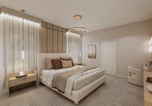 A modern bedroom with a large bed, bedside tables, a nightstand, a chair, and a door. - 10 BD/ 8 BA/ Windsor Cay (15866 CK) (Clermont)