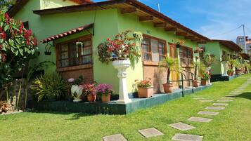 Una hilera de casas con techo verde y macetas con plantas y flores en la fachada.