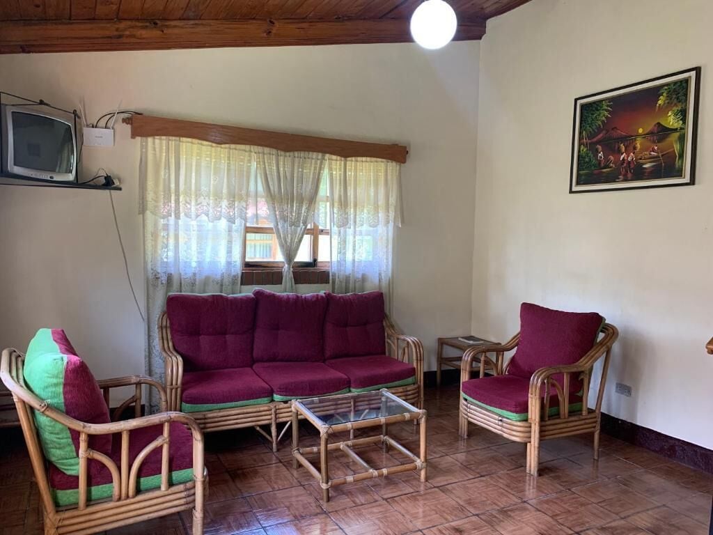 A room with a sofa set, a television, a painting, and a window with curtains.