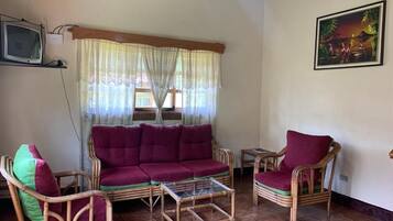 A room with a sofa set, a television, a painting, and a window with curtains.