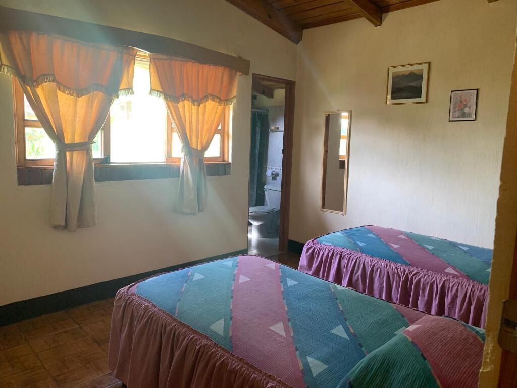 Una habitación con dos camas, una ventana con cortinas, una puerta que da al baño y un pequeño cuadro en la pared.