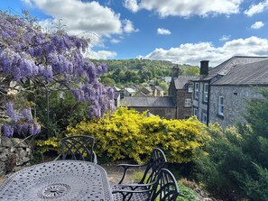 Ein Garten mit Tisch und Stühlen, umgeben von violettem Wisteria und gelben Sträuchern, mit Häusern im Hintergrund.