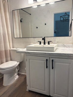 A bathroom with a white toilet, a sink with a mirror above it, and wooden flooring. - 3-Acre Wildlife Retreat : Sleeps & Dines 12 : 5 mi to Duncan: 26 mi to Fort Sill (Marlow)