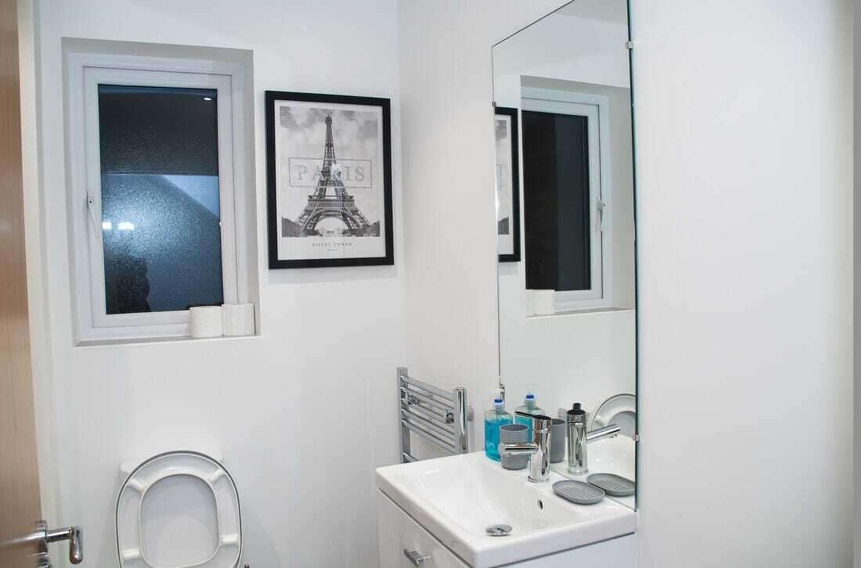 Shower, deep soaking tub, towels